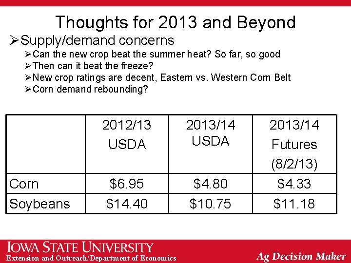 Thoughts for 2013 and Beyond ØSupply/demand concerns ØCan the new crop beat the summer