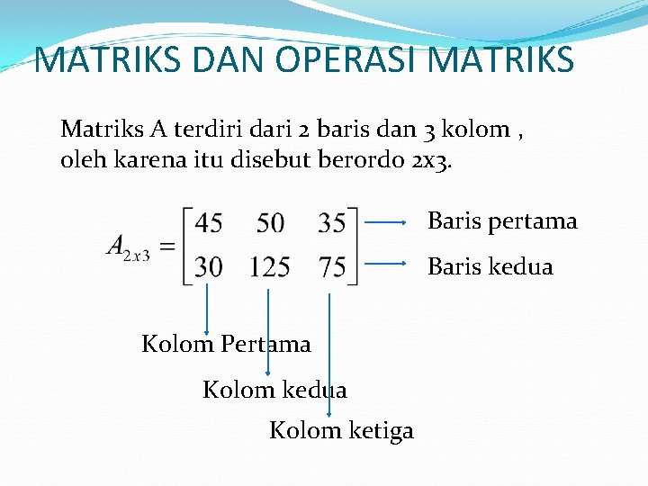 MATRIKS DAN OPERASI MATRIKS Matriks A terdiri dari 2 baris dan 3 kolom ,