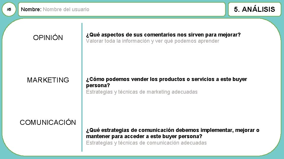 #5 Nombre: Nombre del usuario OPINIÓN MARKETING 5. ANÁLISIS ¿Qué aspectos de sus comentarios