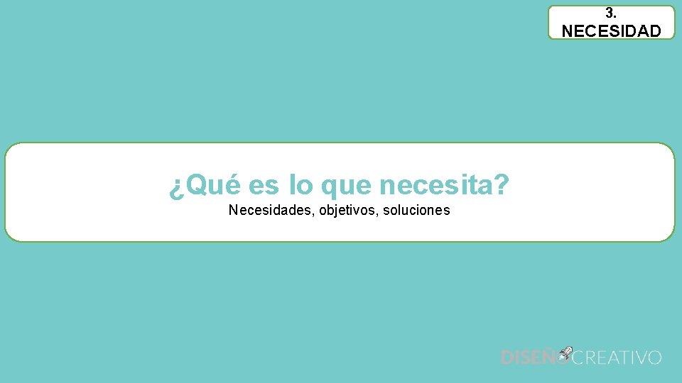 3. NECESIDAD ¿Qué es lo que necesita? Necesidades, objetivos, soluciones 