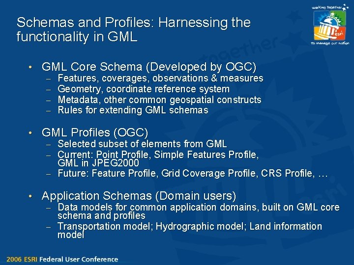 Schemas and Profiles: Harnessing the functionality in GML • GML Core Schema (Developed by