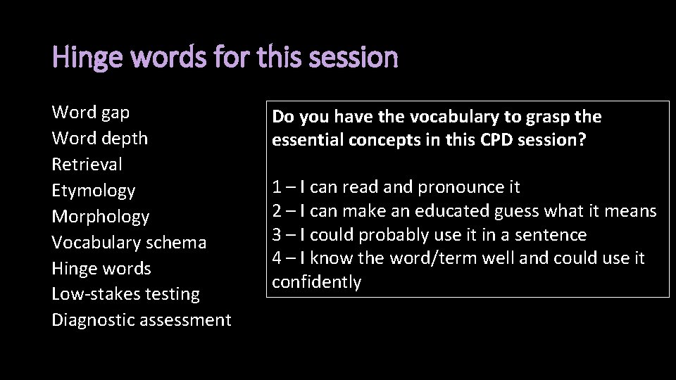 Hinge words for this session Word gap Word depth Retrieval Etymology Morphology Vocabulary schema