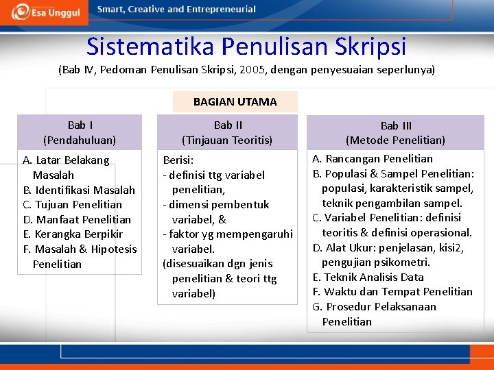Sistematika Penulisan Skripsi (Bab IV, Pedoman Penulisan Skripsi, 2005, dengan penyesuaian seperlunya) BAGIAN UTAMA Sistematika Penulisan Skripsi (Bab IV, Pedoman Penulisan Skripsi, 2005, dengan penyesuaian seperlunya) BAGIAN UTAMA