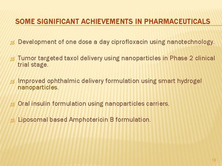 SOME SIGNIFICANT ACHIEVEMENTS IN PHARMACEUTICALS Development of one dose a day ciprofloxacin using nanotechnology.