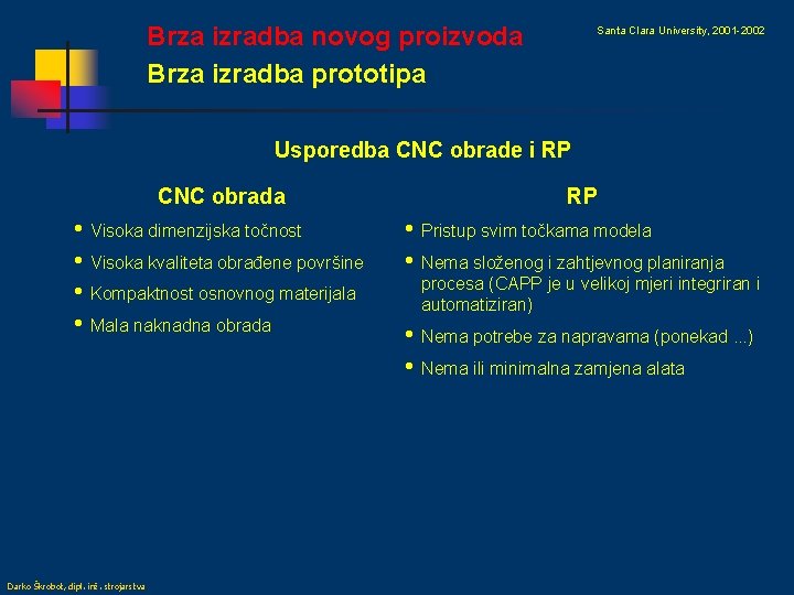 Brza izradba novog proizvoda Brza izradba prototipa Santa Clara University, 2001 -2002 Usporedba CNC