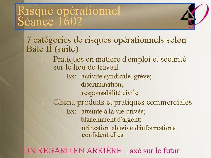 Risque opérationnel Séance 1602 7 catégories de risques opérationnels selon Bâle II (suite) 3.