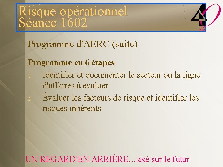 Risque opérationnel Séance 1602 Programme d'AERC (suite) Programme en 6 étapes 1. Identifier et