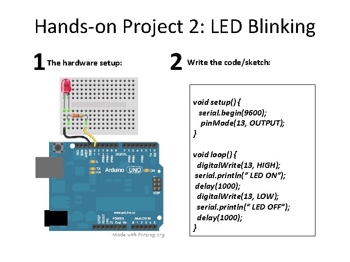 Hands-on Project 2: LED Blinking 1 The hardware setup: 2 Write the code/sketch: void Hands-on Project 2: LED Blinking 1 The hardware setup: 2 Write the code/sketch: void