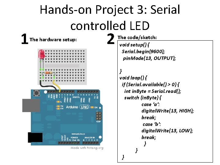 1 Hands-on Project 3: Serial controlled LED The hardware setup: 2 The code/sketch: void 1 Hands-on Project 3: Serial controlled LED The hardware setup: 2 The code/sketch: void