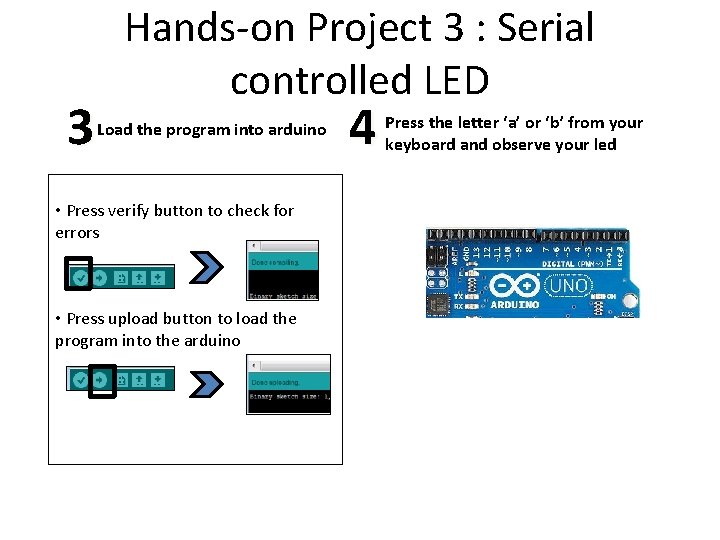 3 Hands-on Project 3 : Serial controlled LED Load the program into arduino • 3 Hands-on Project 3 : Serial controlled LED Load the program into arduino •