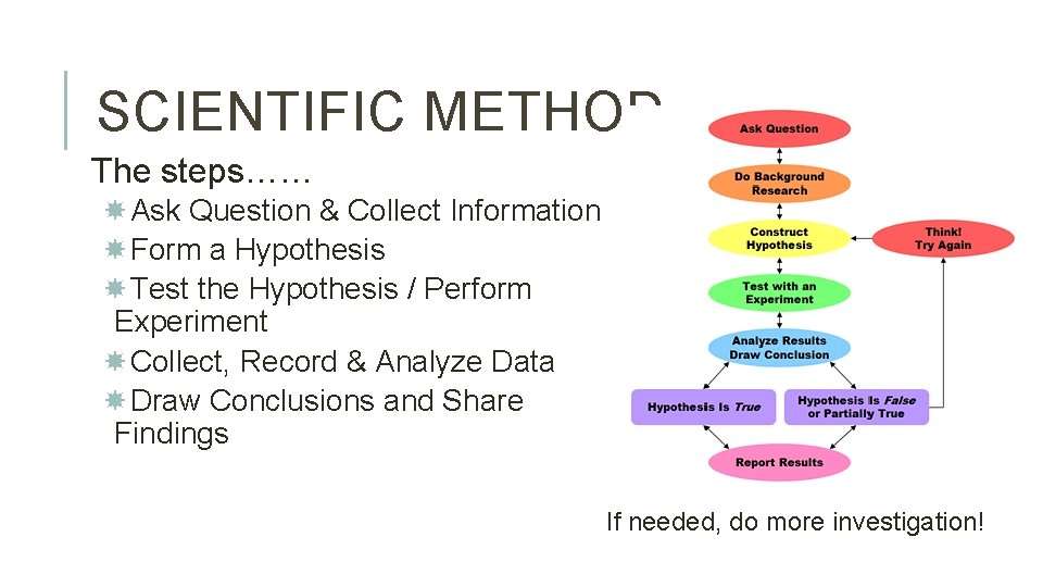 SCIENTIFIC METHOD The steps…… Ask Question & Collect Information Form a Hypothesis Test the