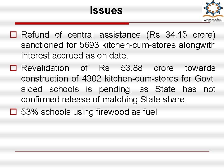 Issues o Refund of central assistance (Rs 34. 15 crore) sanctioned for 5693 kitchen-cum-stores