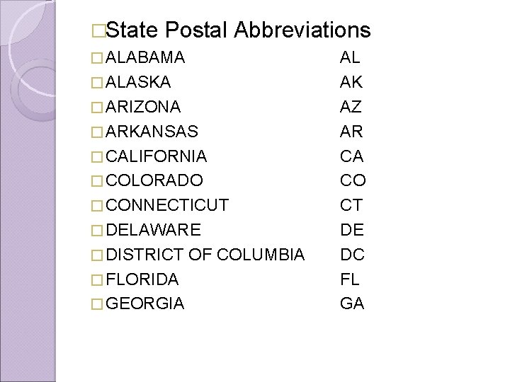 �State Postal Abbreviations � ALABAMA � ALASKA � ARIZONA � ARKANSAS � CALIFORNIA �