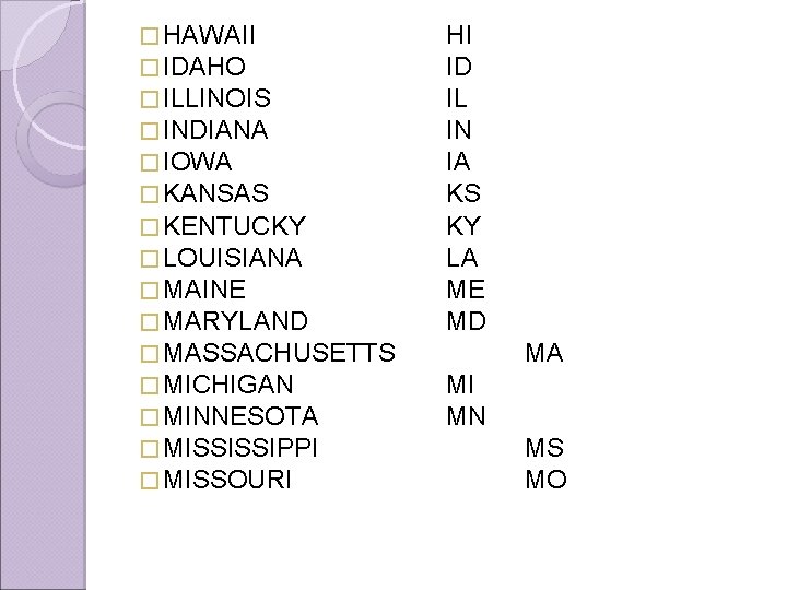� HAWAII � IDAHO � ILLINOIS � INDIANA � IOWA � KANSAS � KENTUCKY
