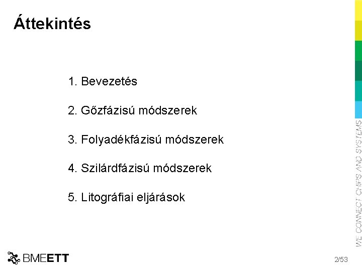 Áttekintés 1. Bevezetés 2. Gőzfázisú módszerek 3. Folyadékfázisú módszerek 4. Szilárdfázisú módszerek 5. Litográfiai