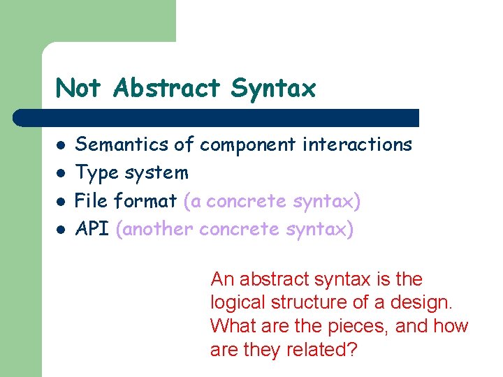 Not Abstract Syntax l l Semantics of component interactions Type system File format (a