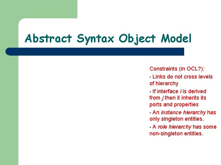 Abstract Syntax Object Model Constraints (in OCL? ): • Links do not cross levels