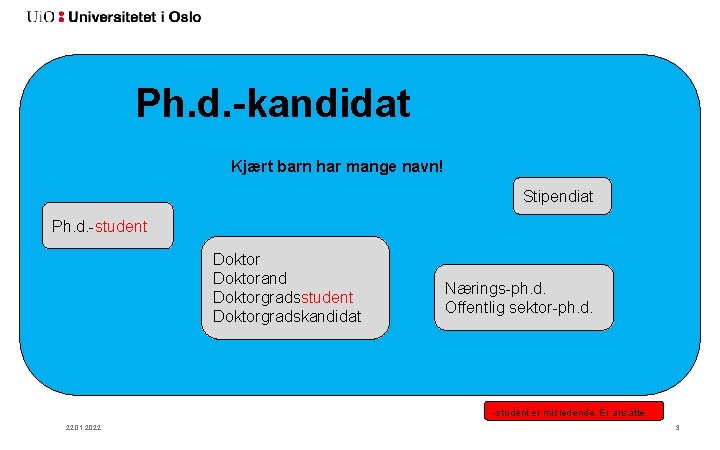 Ph. d. -kandidat Kjært barn har mange navn! Stipendiat Ph. d. -student Doktorand Doktorgradsstudent