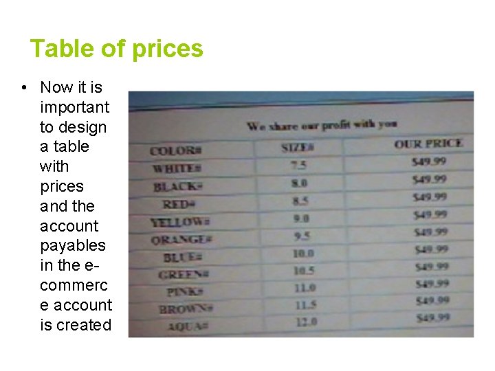 Table of prices • Now it is important to design a table with prices