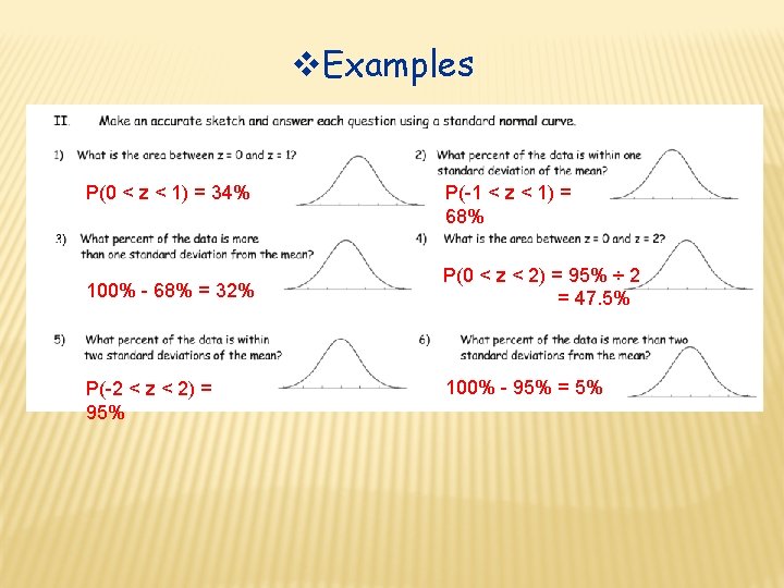  Examples P(0 < z < 1) = 34% 100% - 68% = 32%