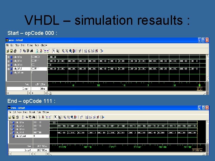 VHDL – simulation resaults : Start – op. Code 000 : End – op.