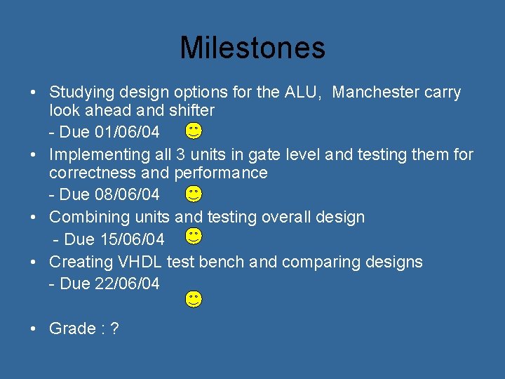 Milestones • Studying design options for the ALU, Manchester carry look ahead and shifter