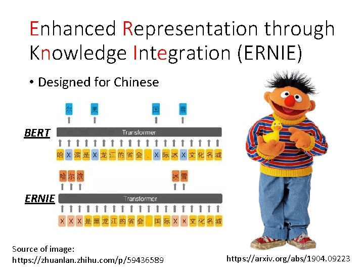 Enhanced Representation through Knowledge Integration (ERNIE) • Designed for Chinese BERT ERNIE Source of