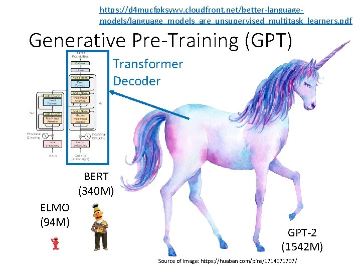 https: //d 4 mucfpksywv. cloudfront. net/better-languagemodels/language_models_are_unsupervised_multitask_learners. pdf Generative Pre-Training (GPT) Transformer Decoder BERT (340