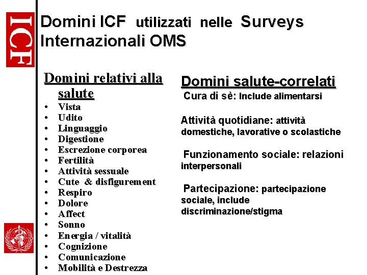 Domini ICF utilizzati nelle Surveys Internazionali OMS Domini relativi alla salute • • •