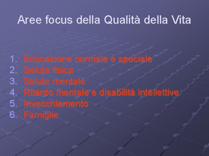 Aree focus della Qualità della Vita 1. 2. 3. 4. 5. 6. Educazione normale