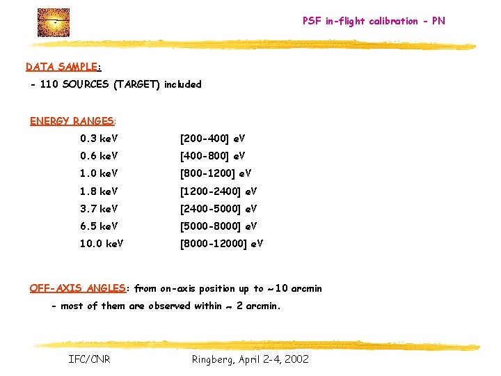 PSF in-flight calibration - PN DATA SAMPLE: - 110 SOURCES (TARGET) included ENERGY RANGES: