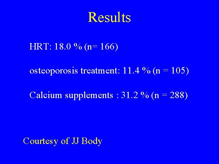 Results HRT: 18. 0 % (n= 166) osteoporosis treatment: 11. 4 % (n =