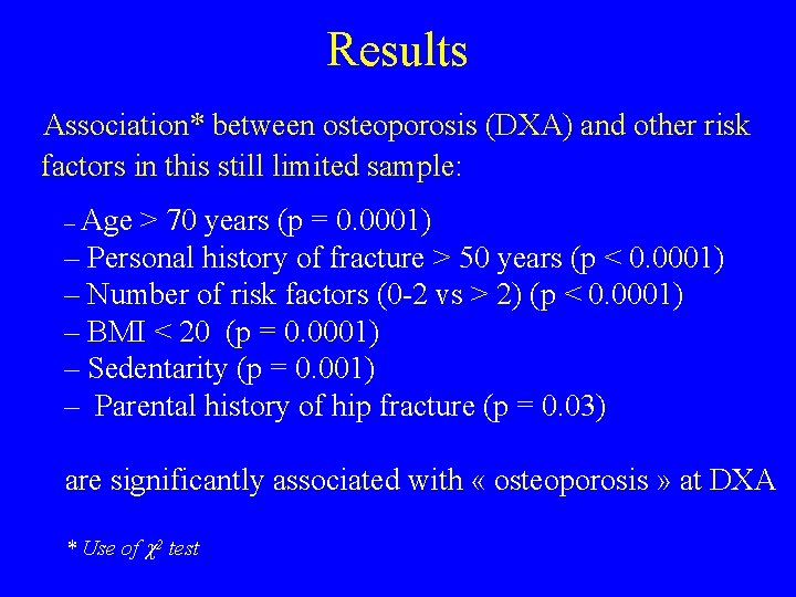 Results Association* between osteoporosis (DXA) and other risk factors in this still limited sample: