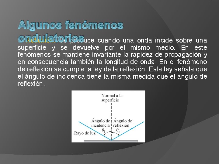 Algunos fenómenos ondulatorios q Reflexión: Se produce cuando una onda incide sobre una superficie