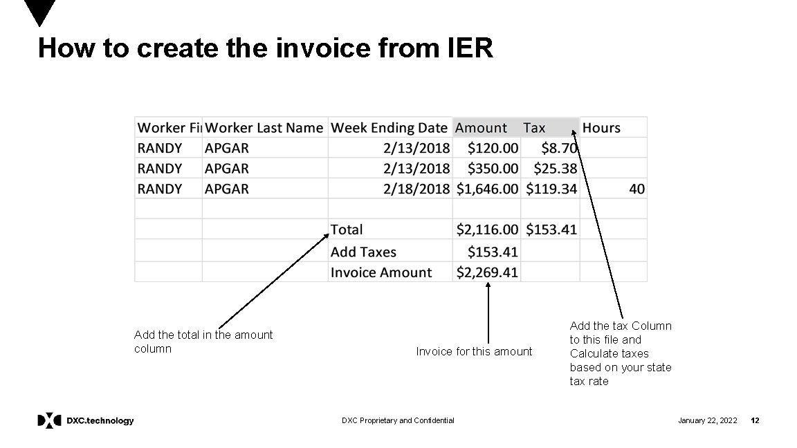 How to create the invoice from IER Add the total in the amount column