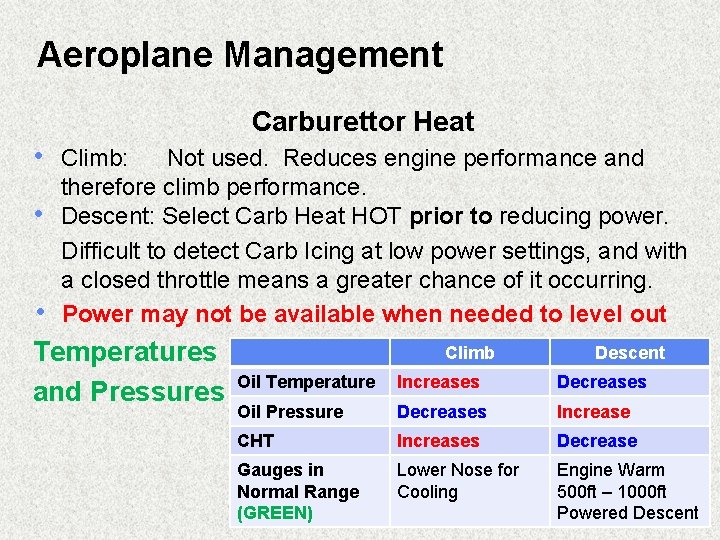 Aeroplane Management Carburettor Heat • Climb: • Not used. Reduces engine performance and therefore