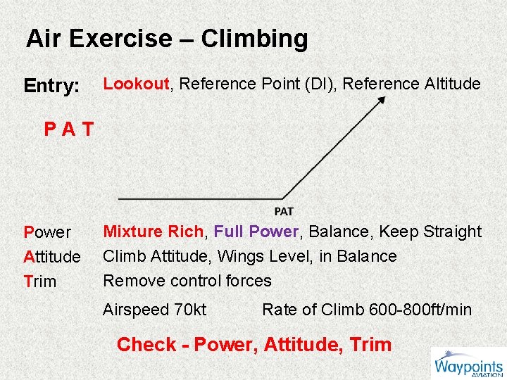 Air Exercise – Climbing Entry: Lookout, Reference Point (DI), Reference Altitude PAT Power Attitude