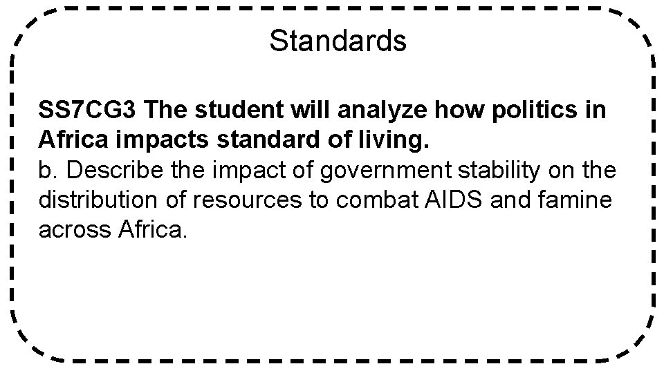 Standards SS 7 CG 3 The student will analyze how politics in Africa impacts
