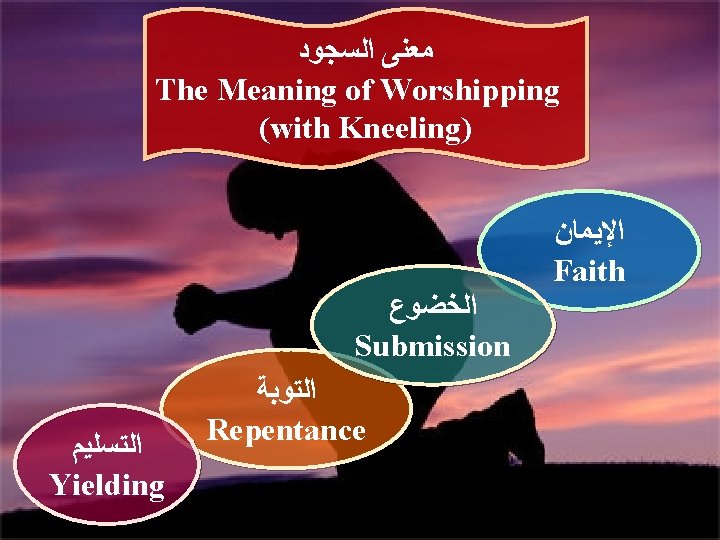  ﻣﻌﻨﻰ ﺍﻟﺴﺠﻮﺩ The Meaning of Worshipping (with Kneeling) ﺍﻹﻳﻤﺎﻥ Faith ﺍﻟﺨﻀﻮﻉ Submission ﺍﻟﺘﺴﻠﻴﻢ