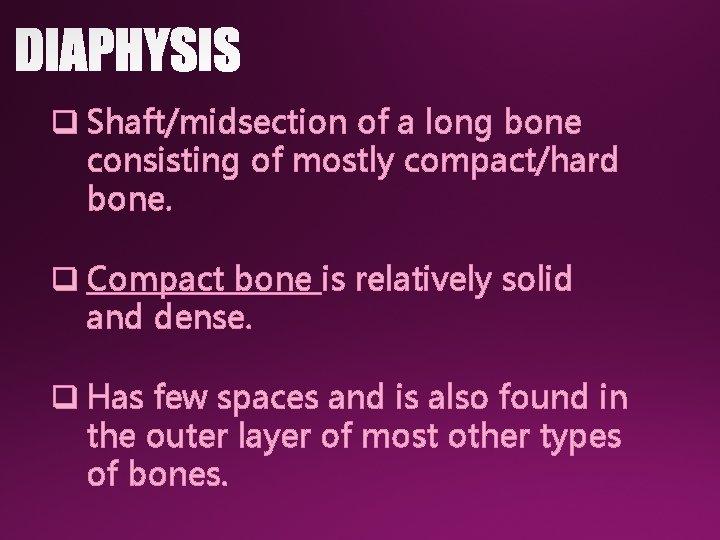 q Shaft/midsection of a long bone consisting of mostly compact/hard bone. q Compact bone