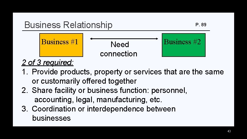 Business Relationship Business #1 Need connection P. 89 Business #2 2 of 3 required: