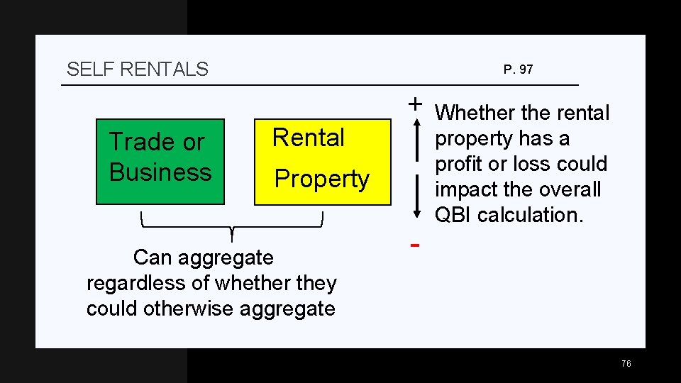 SELF RENTALS P. 97 + Trade or Business Rental Property Can aggregate regardless of