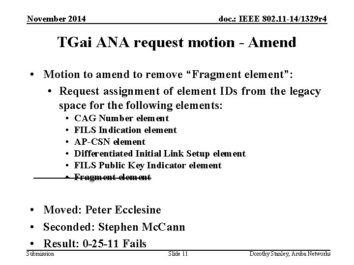 November 2014 doc. : IEEE 802. 11 -14/1329 r 4 TGai ANA request motion