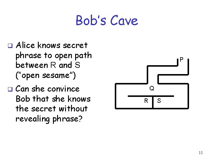 Bob’s Cave q q Alice knows secret phrase to open path between R and