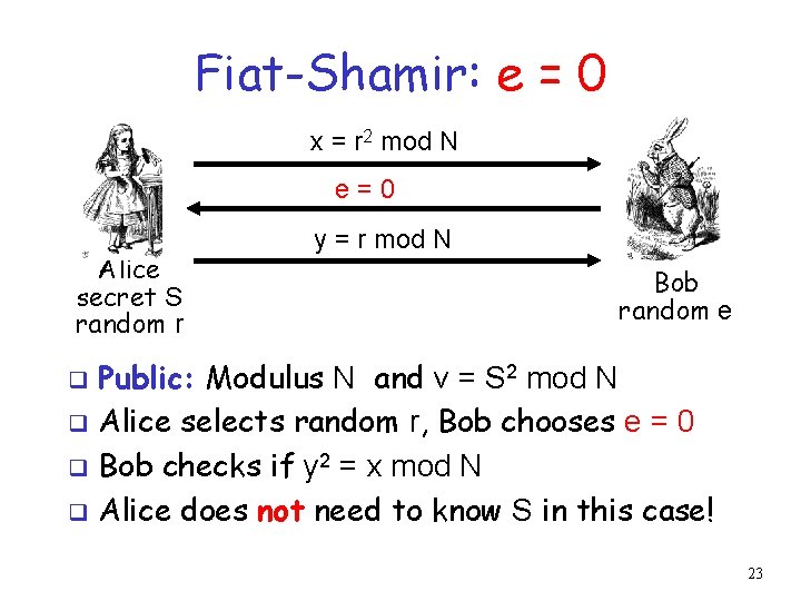 Fiat-Shamir: e = 0 x = r 2 mod N e=0 Alice secret S