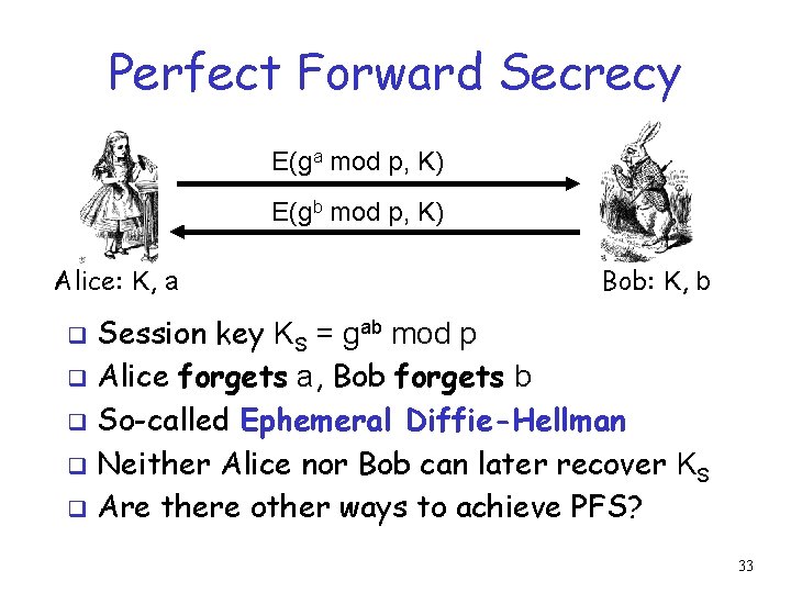 Perfect Forward Secrecy E(ga mod p, K) E(gb mod p, K) Alice: K, a