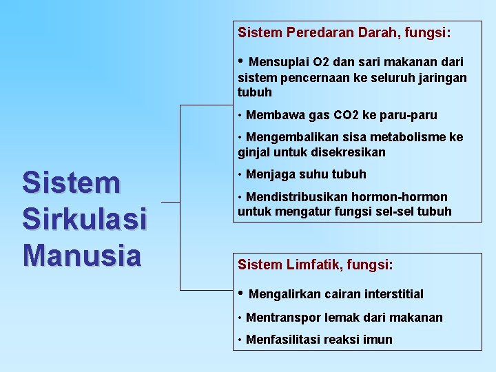 Sistem Peredaran Darah, fungsi: • Mensuplai O 2 dan sari makanan dari sistem pencernaan