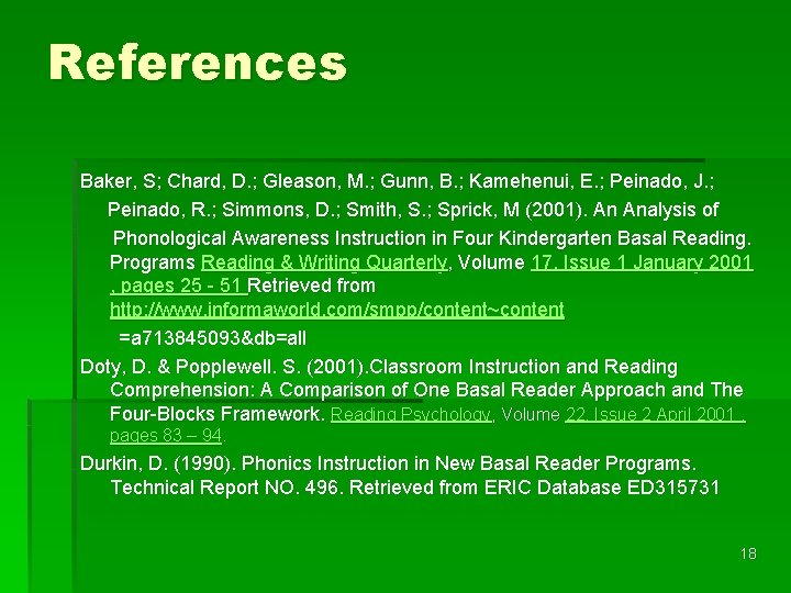 References Baker, S; Chard, D. ; Gleason, M. ; Gunn, B. ; Kamehenui, E.