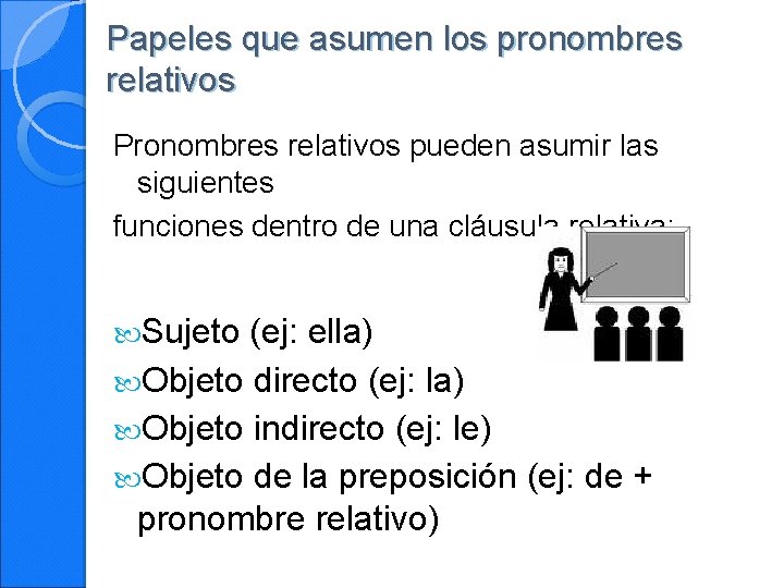 Papeles que asumen los pronombres relativos Pronombres relativos pueden asumir las siguientes funciones dentro