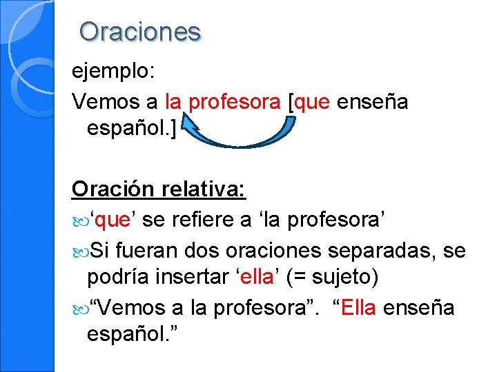 Oraciones ejemplo: Vemos a la profesora [que enseña español. ] Oración relativa: ‘que’ se
